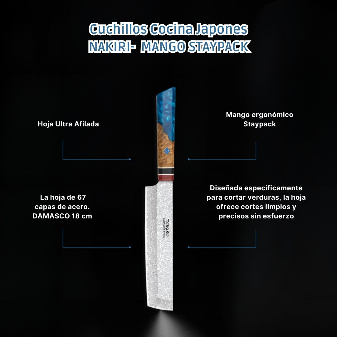 Cuchillo de Cocina Profesional TOKYSU NAKIRI - Artesanía Japonesa de Precisión, Acero DAMASCO de 67 Capas, 18 cm - Mango Ergon