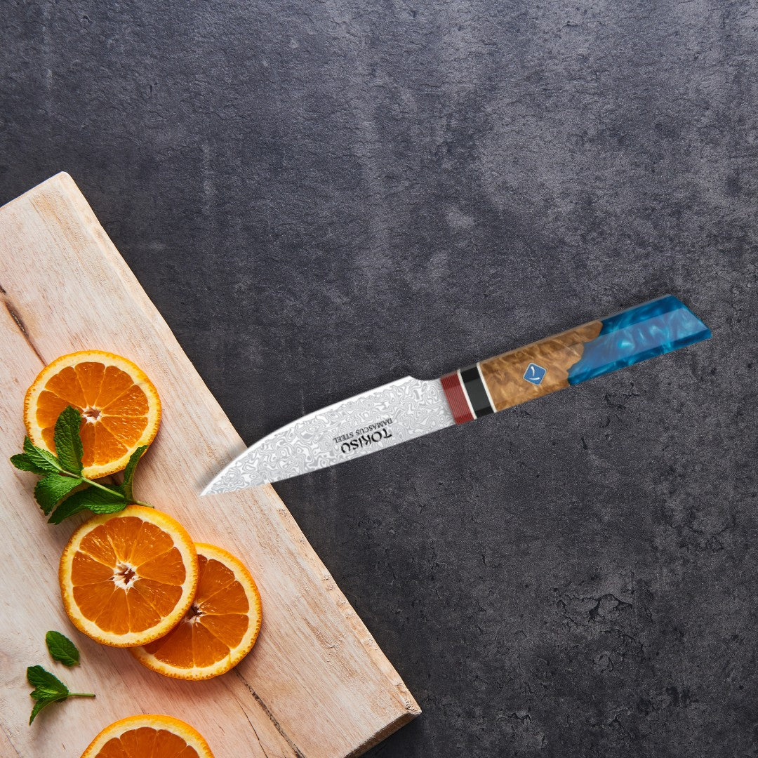 Cuchillo de Cocina Profesional TOKYSU PETTY - Precisión Japonesa, Acero DAMASCO de 67 Capas, 11 cm - Mango Ergonómico Staypack