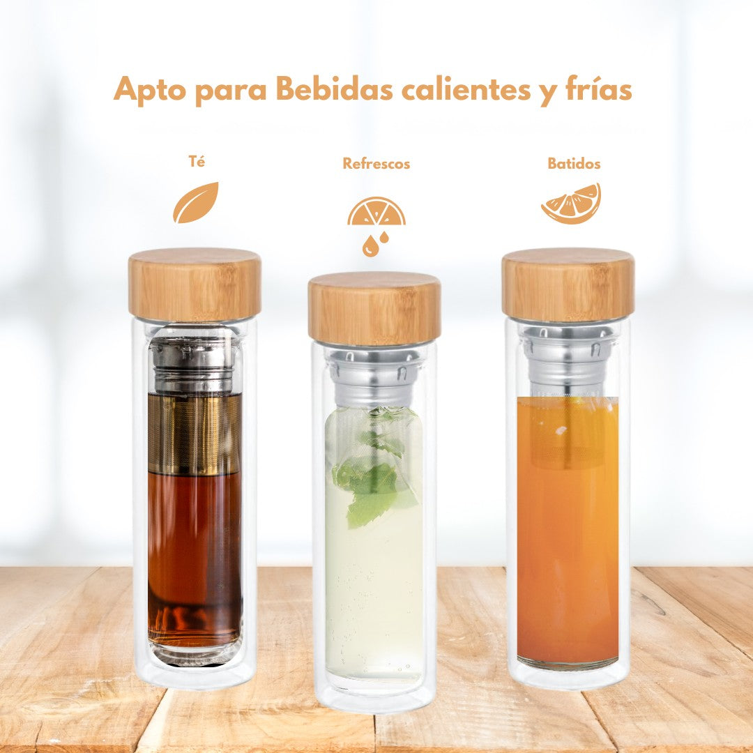 Botella Termo con Filtro Para Té e Infusiones 500ml de Vidrio Doble - con Tapa de Bambú Hermética, Infusor de Acero Inoxidabl