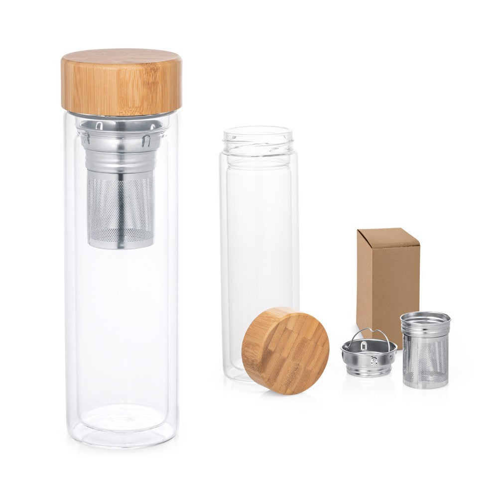 Botella Termo con Filtro Para Té e Infusiones 500ml de Vidrio Doble - con Tapa de Bambú Hermética, Infusor de Acero Inoxidabl