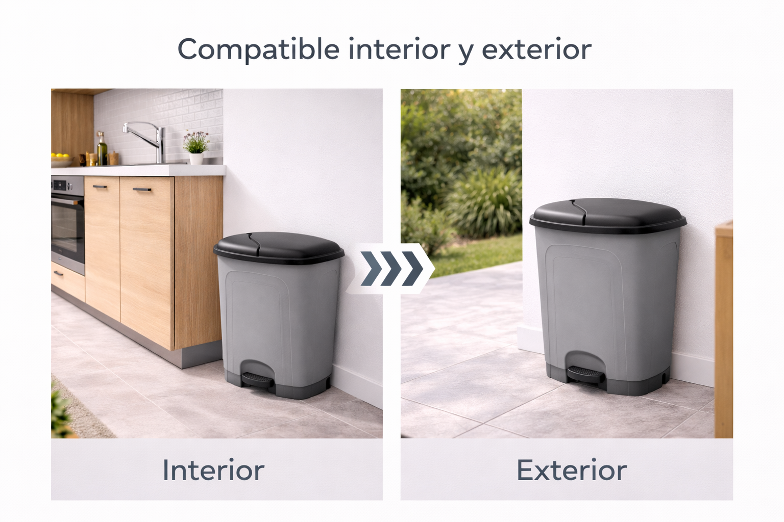 Cubo de basura cocina de plástico con pedal | Color Gris | Capacidad: 25 litros | Tapa color negro