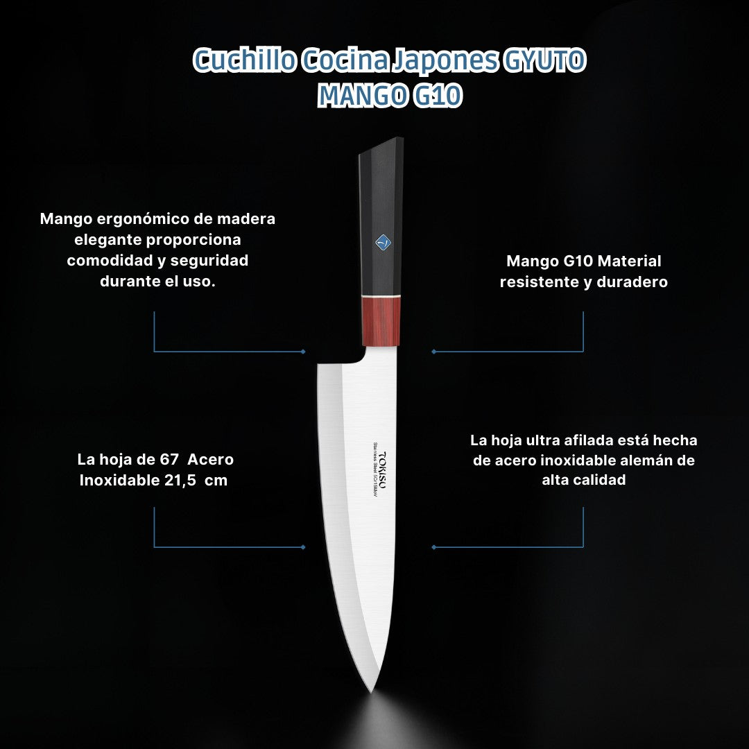 Cuchillo Cocina Profesional TOKYSU - Cuchillos Cocina Japones  GYUTO de Acero Inoxidable de 67 capas  21,5  cm-  Mango G10