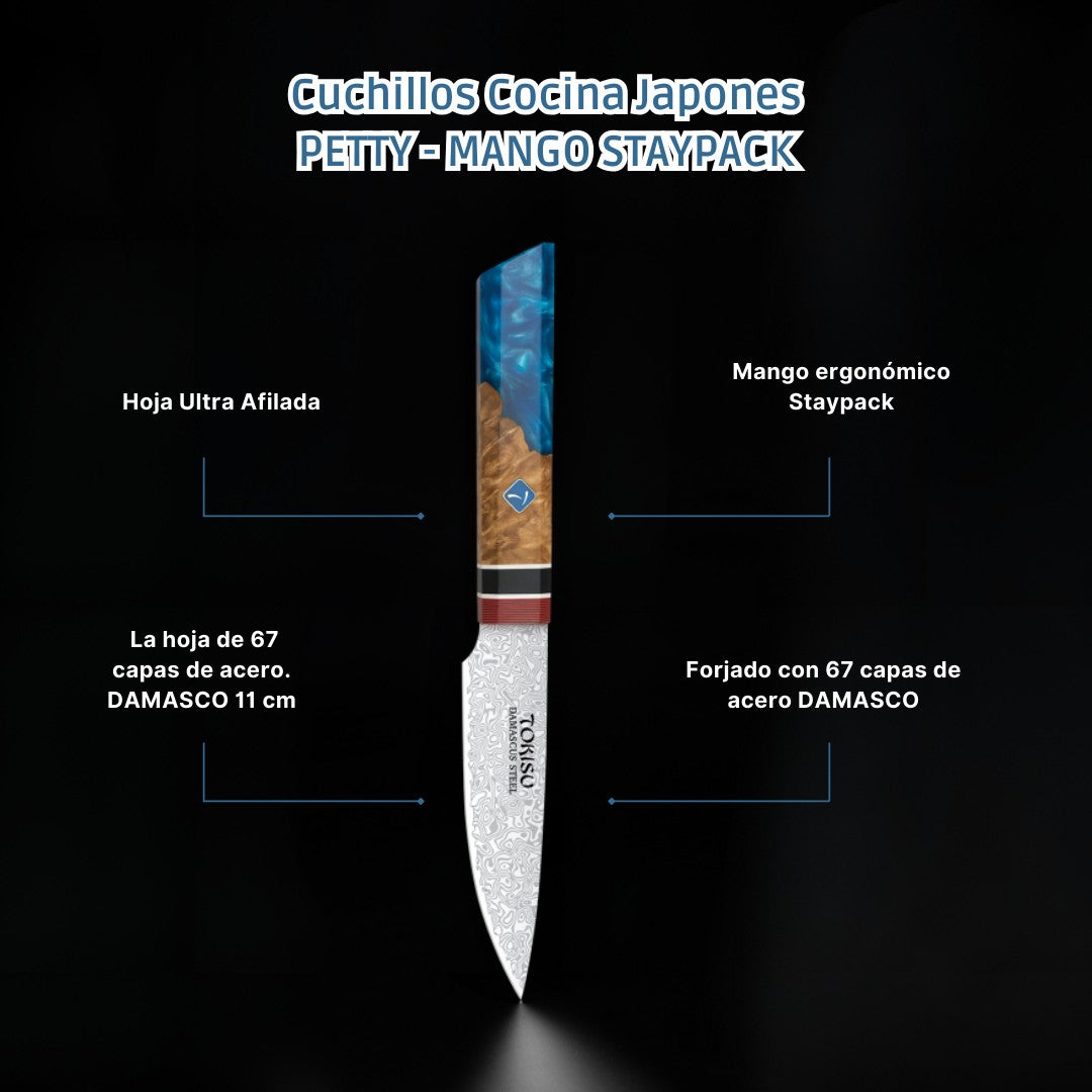 Cuchillo de Cocina Profesional TOKYSU PETTY - Precisión Japonesa, Acero DAMASCO de 67 Capas, 11 cm - Mango Ergonómico Staypack