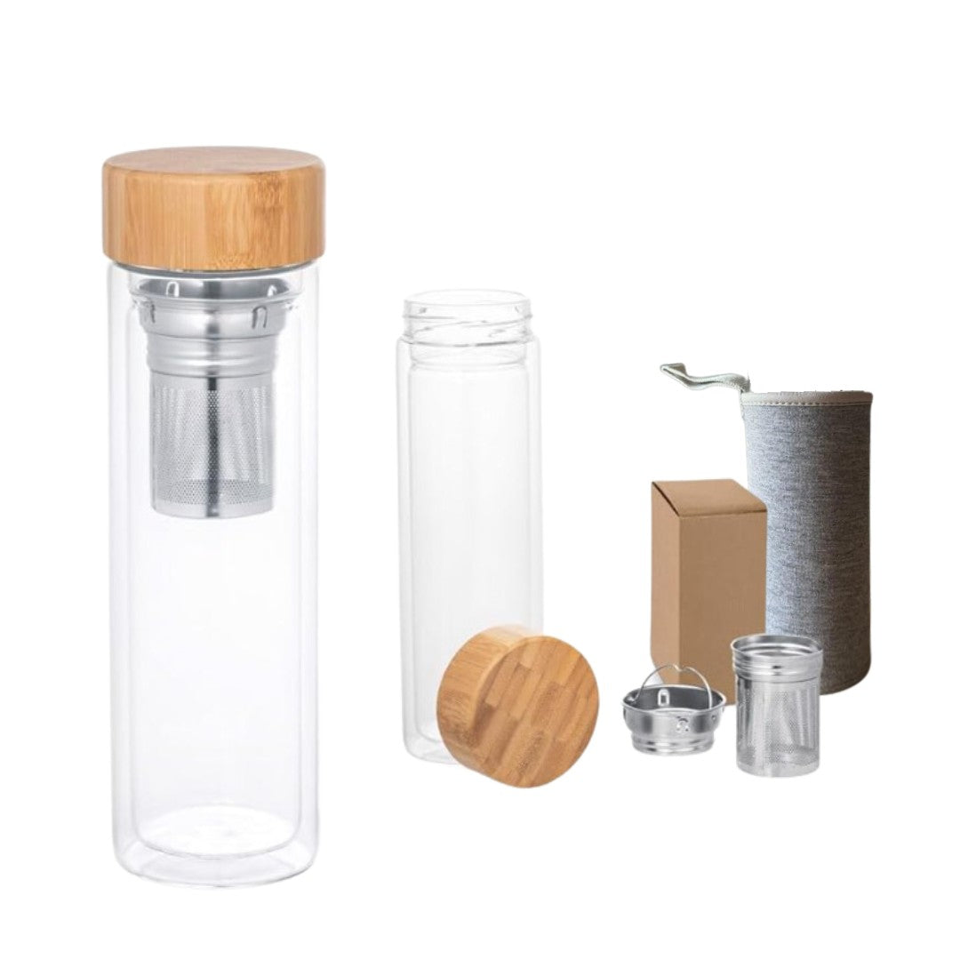 Botella Termo con Filtro Para Té e Infusiones 500ml de Vidrio Doble - con Tapa de Bambú Hermética, Infusor de Acero Inoxidabl