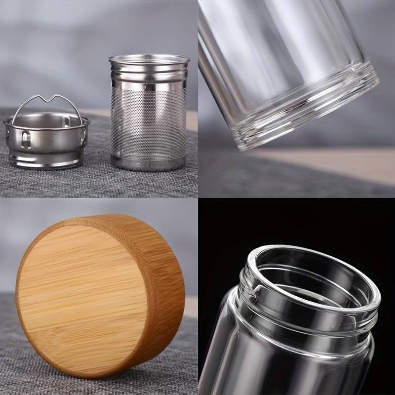 Botella Termo con Filtro Para Té e Infusiones 500ml de Vidrio Doble - con Tapa de Bambú Hermética, Infusor de Acero Inoxidabl