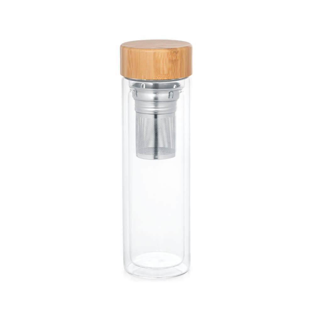 Botella Termo con Filtro Para Té e Infusiones 500ml de Vidrio Doble - con Tapa de Bambú Hermética, Infusor de Acero Inoxidabl