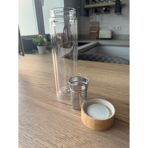 Botella Termo con Filtro Para Té e Infusiones 500ml de Vidrio Doble - con Tapa de Bambú Hermética, Infusor de Acero Inoxidabl