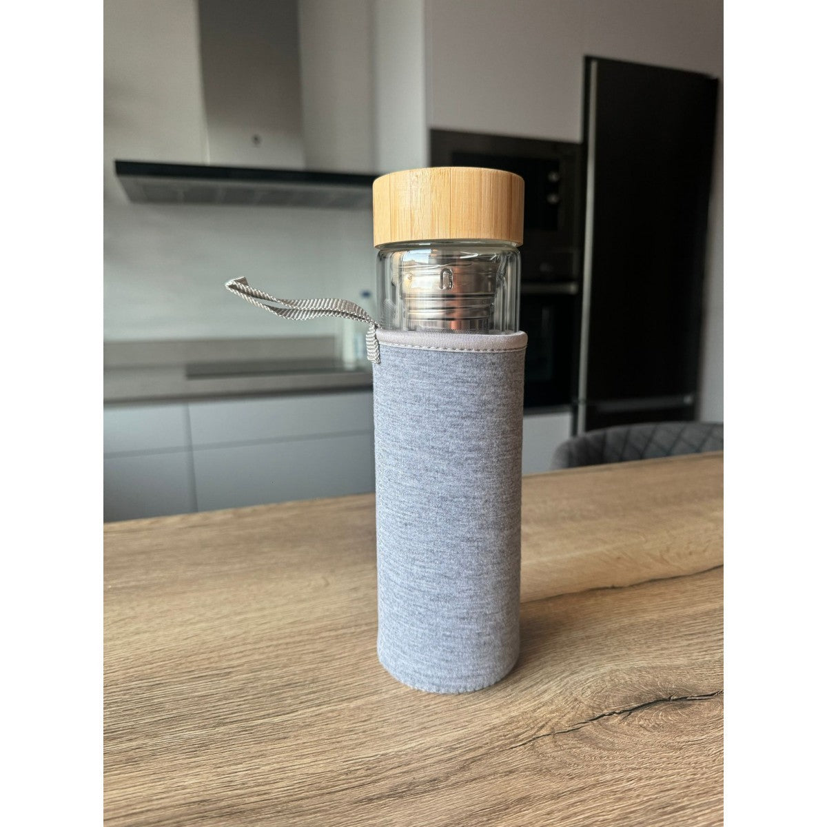 Botella Termo con Filtro Para Té e Infusiones 500ml de Vidrio Doble - con Tapa de Bambú Hermética, Infusor de Acero Inoxidabl