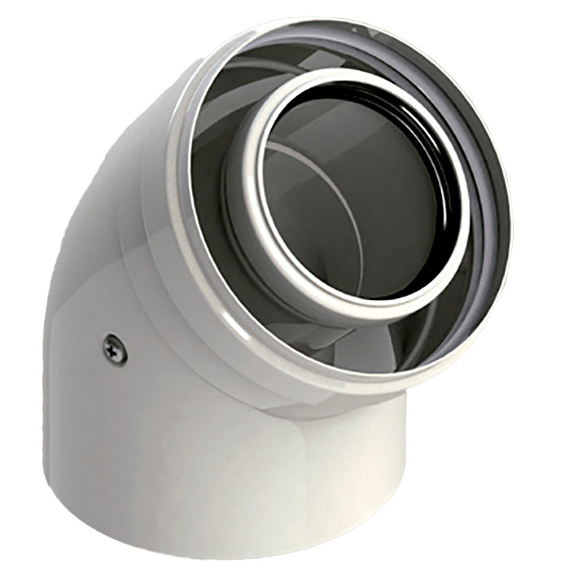 Codo Ø60/100 a 45° M/H Polipropileno/Aluminio blanco para caldera